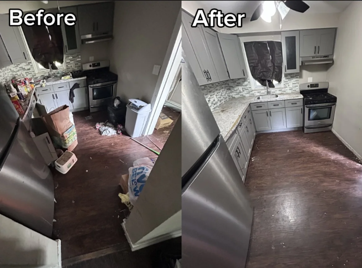 Junk Bolt's original paired photos showing a cluttered kitchen before removal and the same kitchen with the floor cleared afterward.