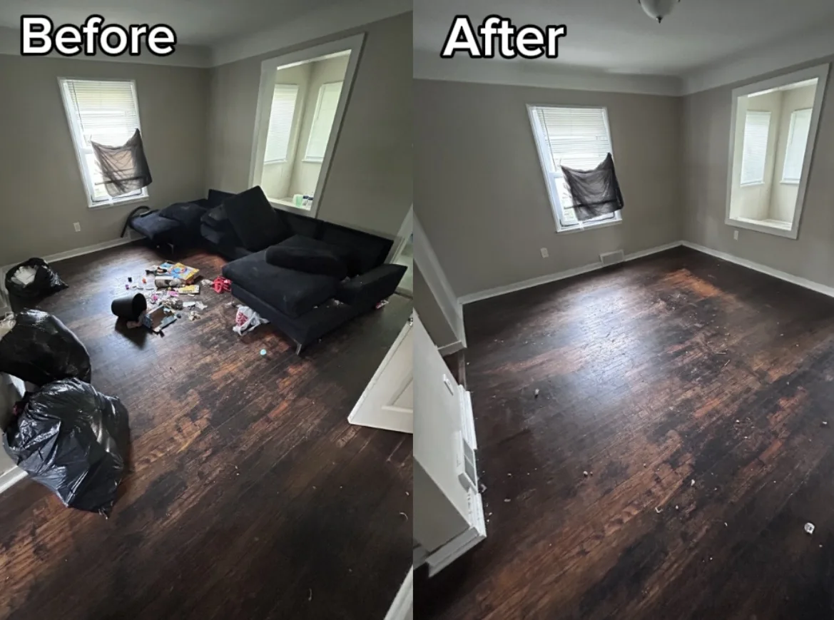 Before and after a real Junk Bolt room cleanout, with a sofa and loose items removed.