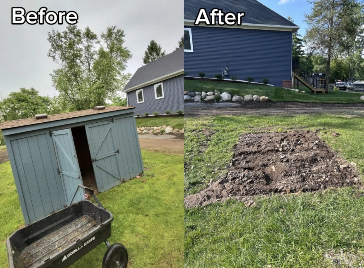 Paired before and after photos of a shed removal by Junk Bolt.